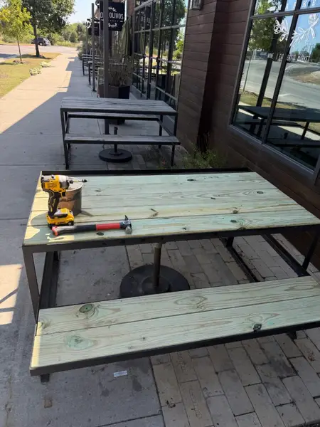 Picnic Table Bench Repair in Buda — Buda Mill & Grain Co. – Historic Downtown Buda